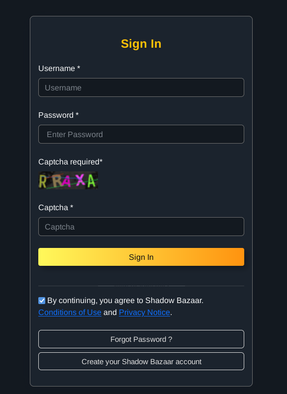 Login page for Shadow Bazaar Market