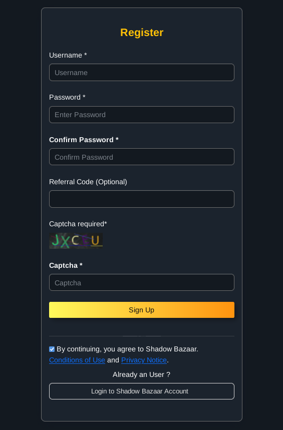 Registration page for Shadow Bazaar Market